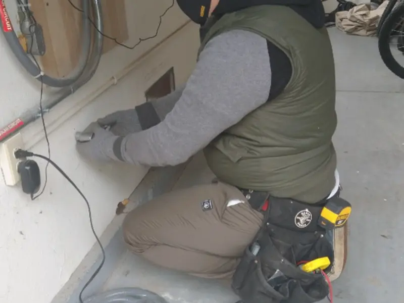 Electrician performing outlet wiring in a Winston garage